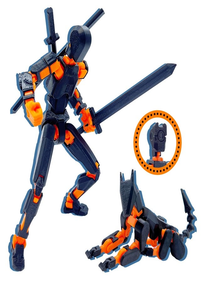 Uodofy (Assembly Completed) T13 3D Action Figure Set,Dummy Robo Titan 13 Action Figures,3D Printed Multi-Jointed Toy (Black + Orange)